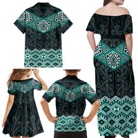 New Zealand Aotearoa Family Matching Off Shoulder Maxi Dress and Hawaiian Shirt Turquoise Taniko Art Maori Pattern LT05 - Polynesian Pride