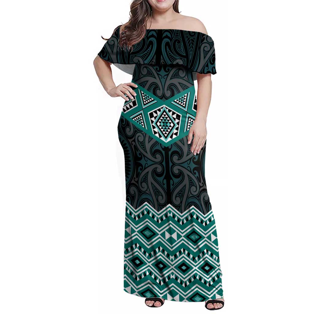 New Zealand Aotearoa Family Matching Off Shoulder Maxi Dress and Hawaiian Shirt Turquoise Taniko Art Maori Pattern LT05 Mom's Dress Turquoise - Polynesian Pride