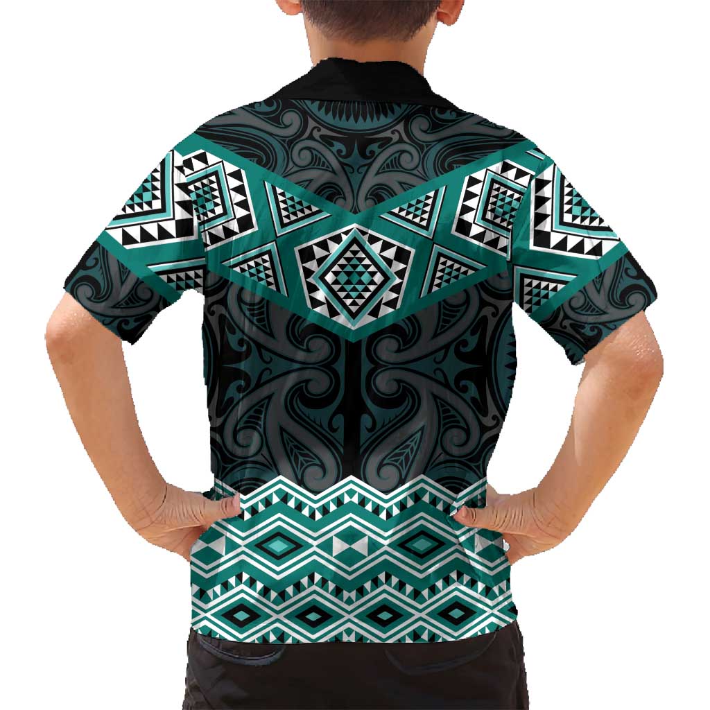 New Zealand Aotearoa Family Matching Off Shoulder Short Dress and Hawaiian Shirt Turquoise Taniko Art Maori Pattern LT05 - Polynesian Pride