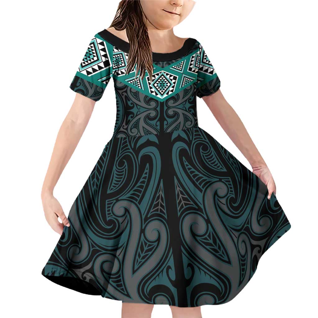 New Zealand Aotearoa Family Matching Off Shoulder Short Dress and Hawaiian Shirt Turquoise Taniko Art Maori Pattern LT05 Daughter's Dress Turquoise - Polynesian Pride
