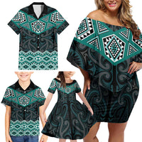 New Zealand Aotearoa Family Matching Off Shoulder Short Dress and Hawaiian Shirt Turquoise Taniko Art Maori Pattern LT05 - Polynesian Pride