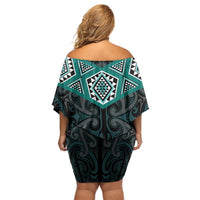 New Zealand Aotearoa Family Matching Off Shoulder Short Dress and Hawaiian Shirt Turquoise Taniko Art Maori Pattern LT05 - Polynesian Pride