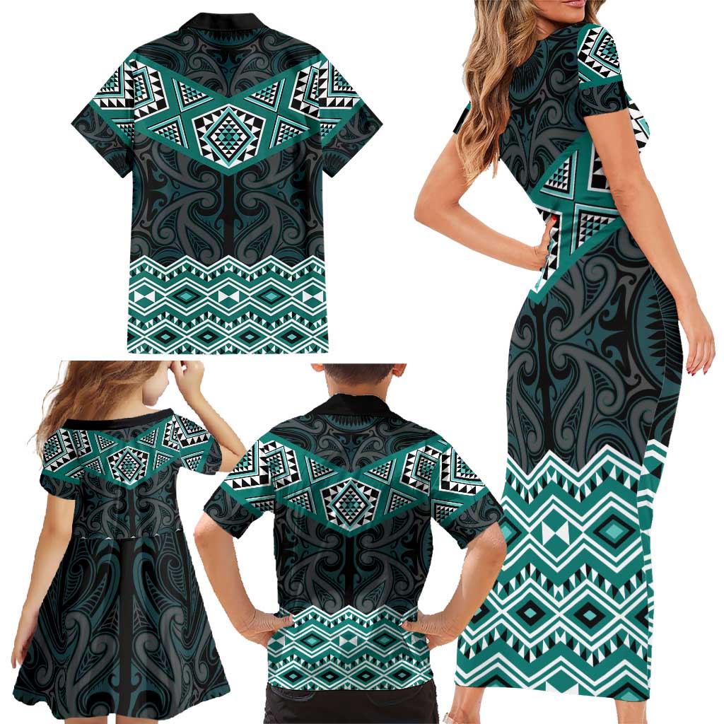 New Zealand Aotearoa Family Matching Short Sleeve Bodycon Dress and Hawaiian Shirt Turquoise Taniko Art Maori Pattern LT05 - Polynesian Pride