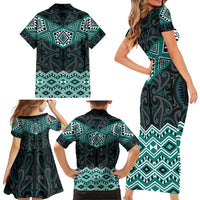New Zealand Aotearoa Family Matching Short Sleeve Bodycon Dress and Hawaiian Shirt Turquoise Taniko Art Maori Pattern LT05 - Polynesian Pride