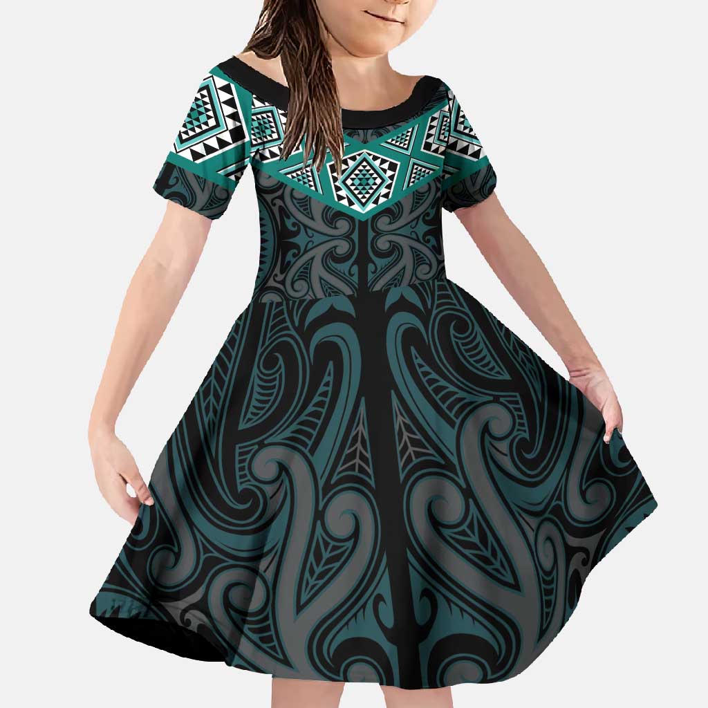 New Zealand Aotearoa Family Matching Summer Maxi Dress and Hawaiian Shirt Turquoise Taniko Art Maori Pattern LT05 Daughter's Dress Turquoise - Polynesian Pride