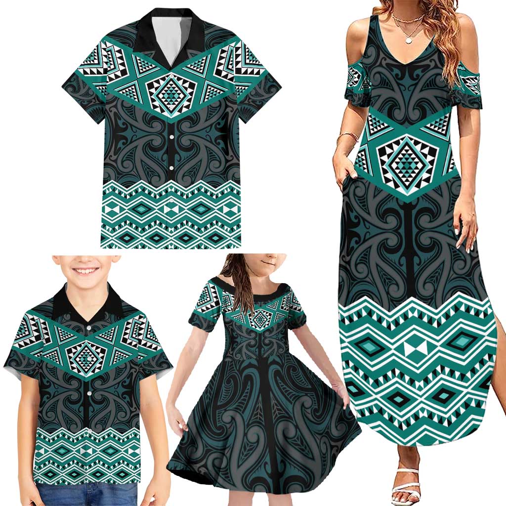 New Zealand Aotearoa Family Matching Summer Maxi Dress and Hawaiian Shirt Turquoise Taniko Art Maori Pattern LT05 - Polynesian Pride