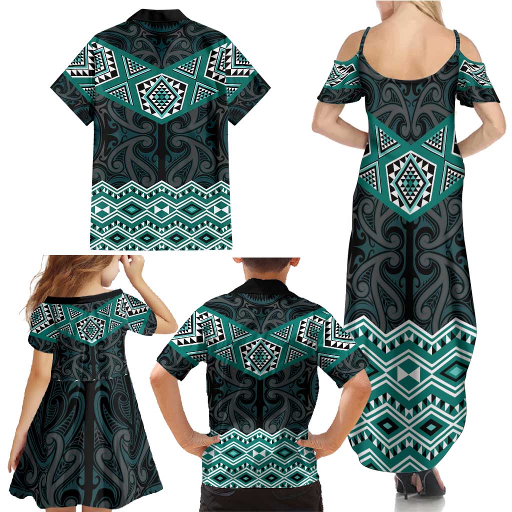 New Zealand Aotearoa Family Matching Summer Maxi Dress and Hawaiian Shirt Turquoise Taniko Art Maori Pattern LT05 - Polynesian Pride