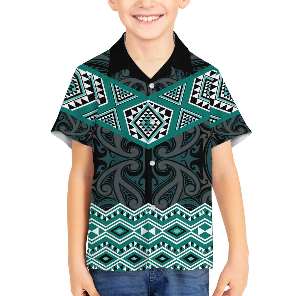 New Zealand Aotearoa Family Matching Summer Maxi Dress and Hawaiian Shirt Turquoise Taniko Art Maori Pattern LT05 Son's Shirt Turquoise - Polynesian Pride