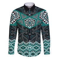 New Zealand Aotearoa Family Matching Tank Maxi Dress and Hawaiian Shirt Turquoise Taniko Art Maori Pattern LT05 Dad's Shirt - Long Sleeve Turquoise - Polynesian Pride