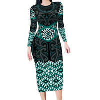 New Zealand Aotearoa Long Sleeve Bodycon Dress Turquoise Taniko Art Maori Pattern