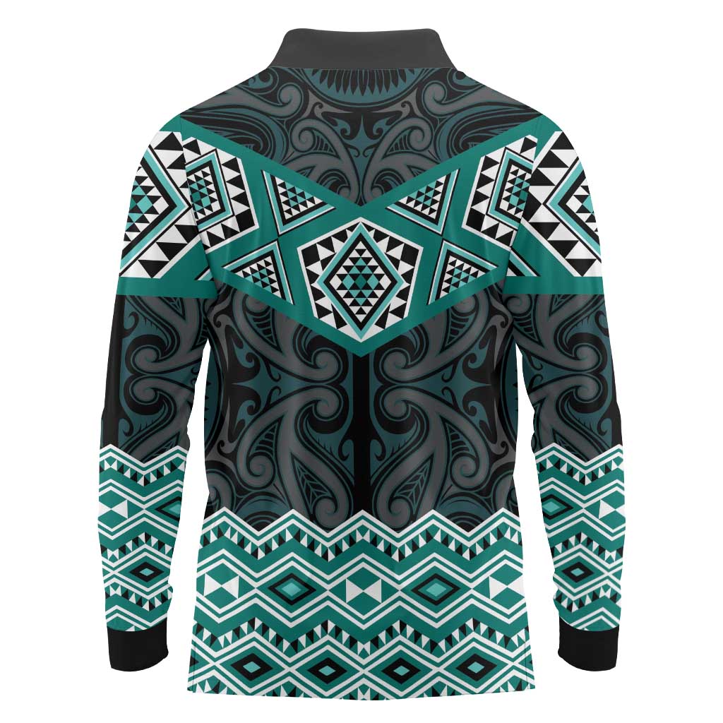 New Zealand Aotearoa Long Sleeve Polo Shirt Turquoise Taniko Art Maori Pattern