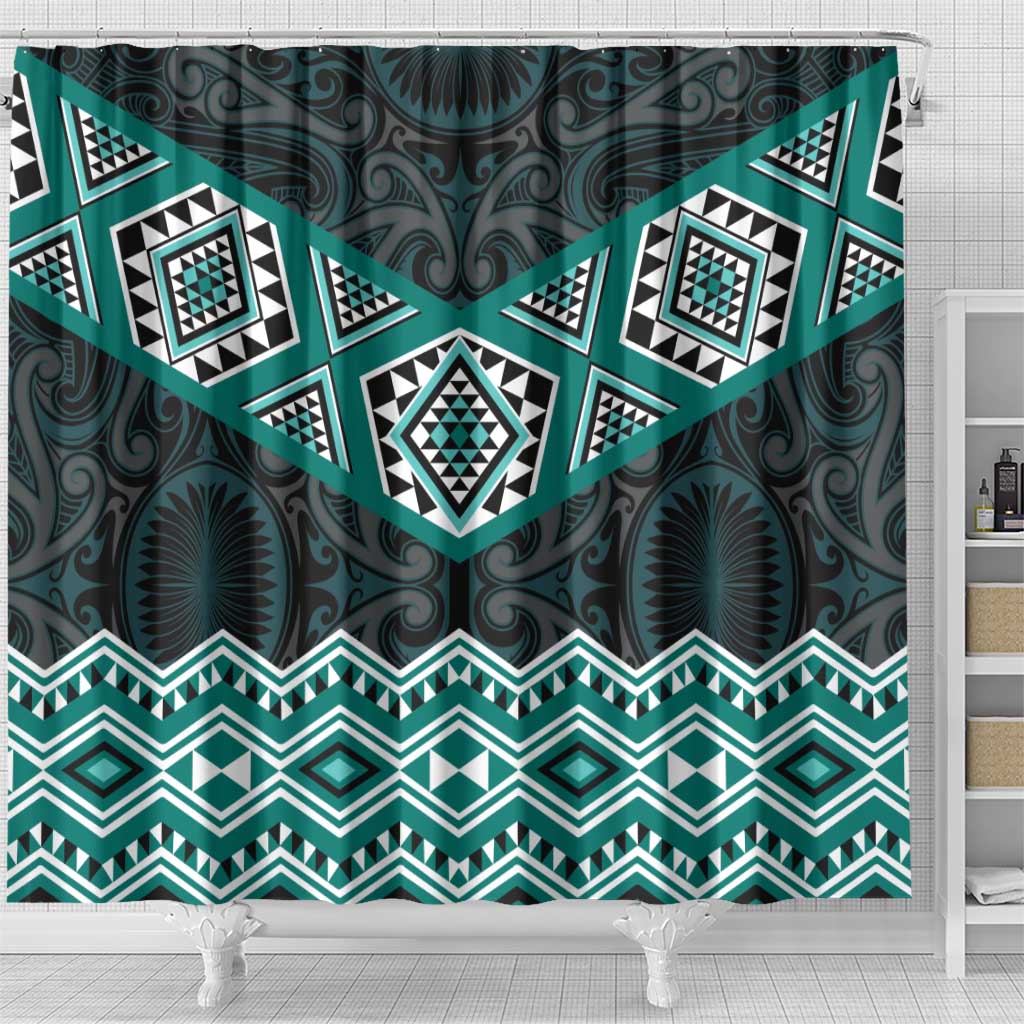 New Zealand Aotearoa Shower Curtain Turquoise Taniko Art Maori Pattern