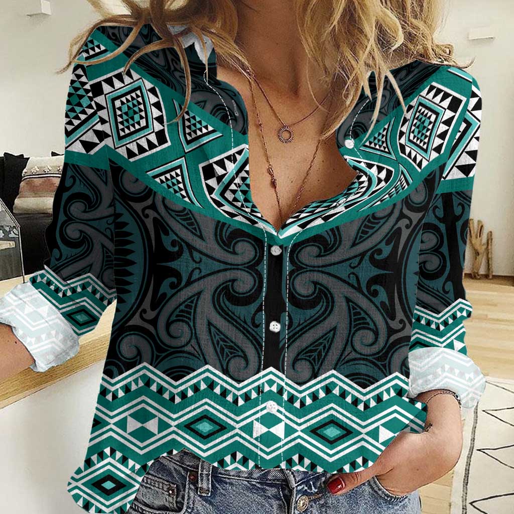 New Zealand Aotearoa Women Casual Shirt Turquoise Taniko Art Maori Pattern LT05 Female Turquoise - Polynesian Pride