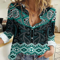 New Zealand Aotearoa Women Casual Shirt Turquoise Taniko Art Maori Pattern LT05 Female Turquoise - Polynesian Pride