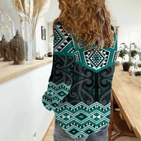 New Zealand Aotearoa Women Casual Shirt Turquoise Taniko Art Maori Pattern LT05 - Polynesian Pride