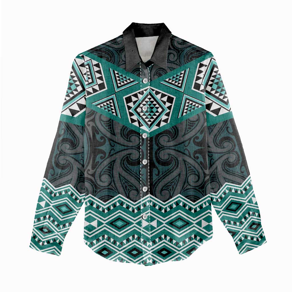 New Zealand Aotearoa Women Casual Shirt Turquoise Taniko Art Maori Pattern LT05 - Polynesian Pride