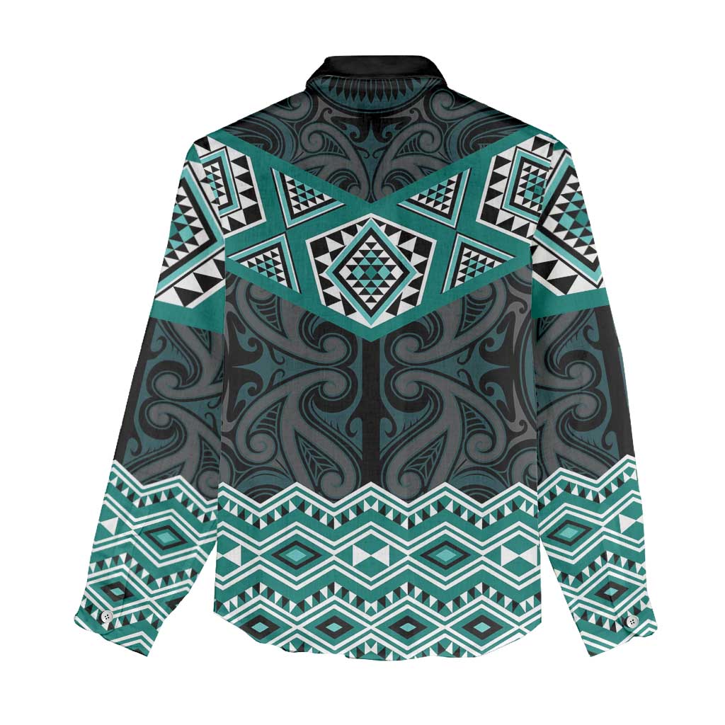 New Zealand Aotearoa Women Casual Shirt Turquoise Taniko Art Maori Pattern LT05 - Polynesian Pride