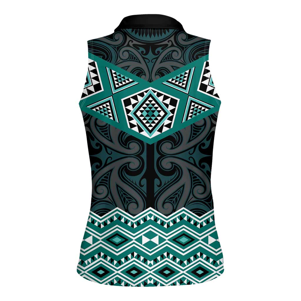 New Zealand Aotearoa Women Sleeveless Polo Shirt Turquoise Taniko Art Maori Pattern