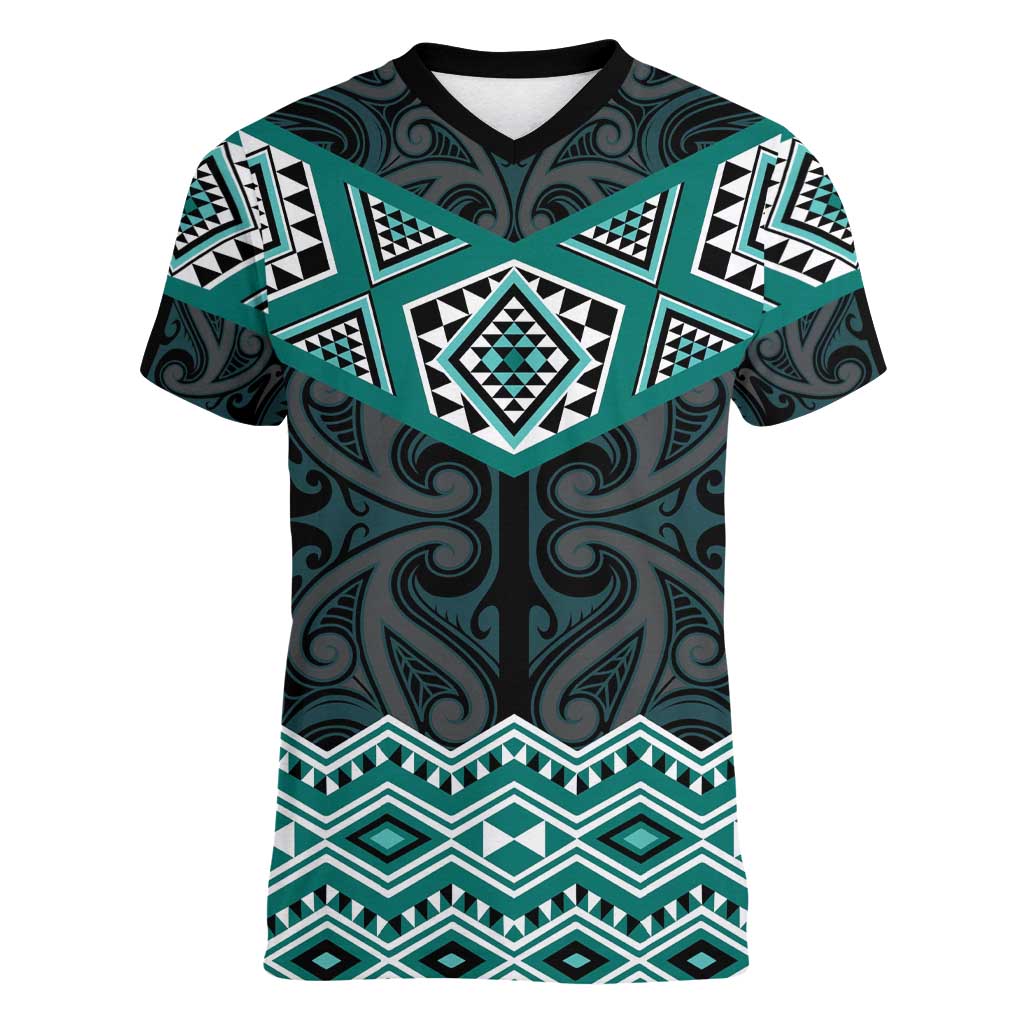New Zealand Aotearoa Women V-Neck T-Shirt Turquoise Taniko Art Maori Pattern LT05 Female Turquoise - Polynesian Pride