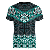 New Zealand Aotearoa Women V-Neck T-Shirt Turquoise Taniko Art Maori Pattern LT05 - Polynesian Pride