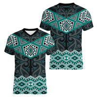 New Zealand Aotearoa Women V-Neck T-Shirt Turquoise Taniko Art Maori Pattern LT05 - Polynesian Pride