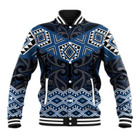 New Zealand Aotearoa Baseball Jacket Blue Taniko Art Maori Pattern