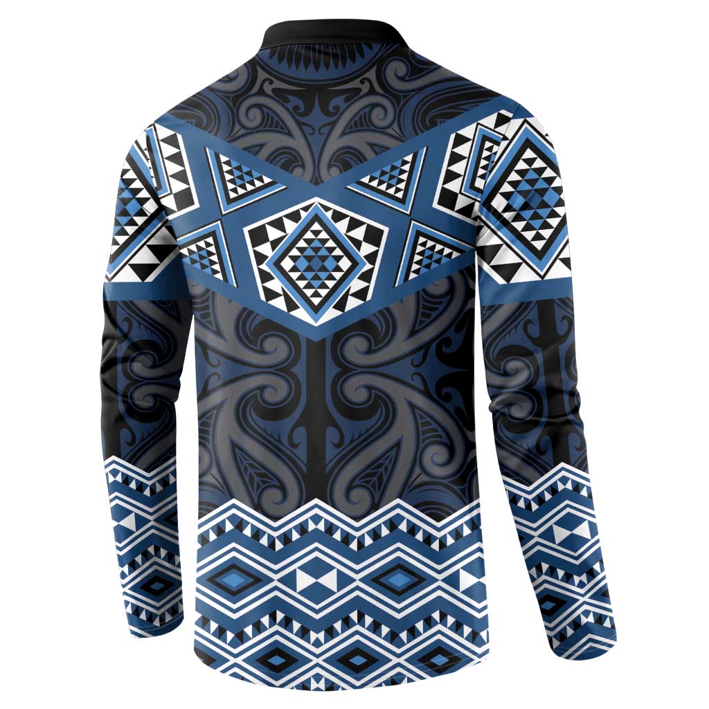 New Zealand Aotearoa Button Sweatshirt Blue Taniko Art Maori Pattern