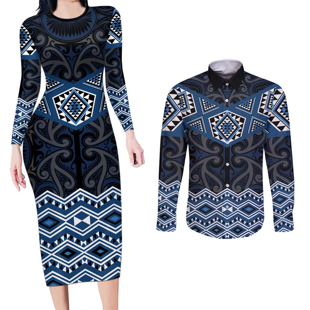 New Zealand Aotearoa Couples Matching Long Sleeve Bodycon Dress and Long Sleeve Button Shirt Blue Taniko Art Maori Pattern LT05 Blue - Polynesian Pride