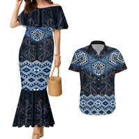 New Zealand Aotearoa Couples Matching Mermaid Dress and Hawaiian Shirt Blue Taniko Art Maori Pattern LT05 Blue - Polynesian Pride