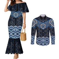 New Zealand Aotearoa Couples Matching Mermaid Dress and Long Sleeve Button Shirt Blue Taniko Art Maori Pattern LT05 Blue - Polynesian Pride