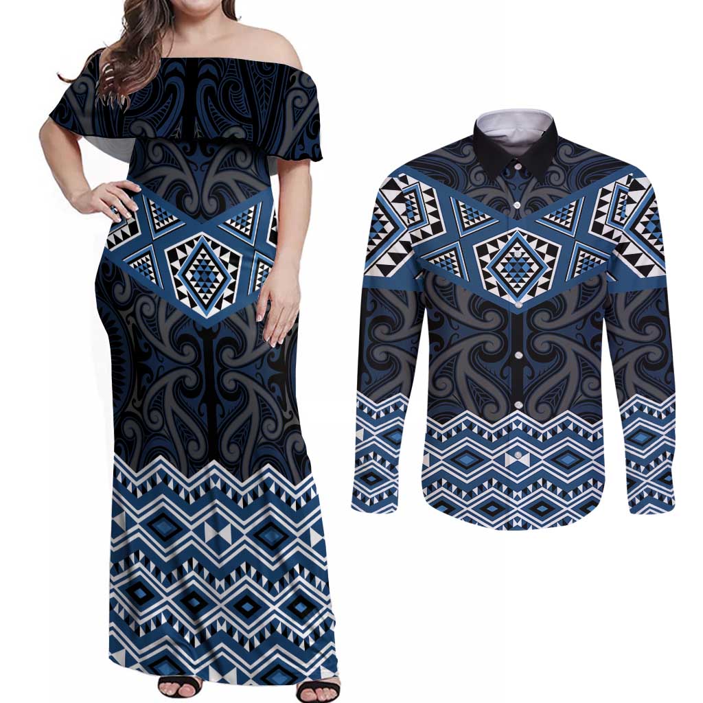 New Zealand Aotearoa Couples Matching Off Shoulder Maxi Dress and Long Sleeve Button Shirt Blue Taniko Art Maori Pattern LT05 Blue - Polynesian Pride