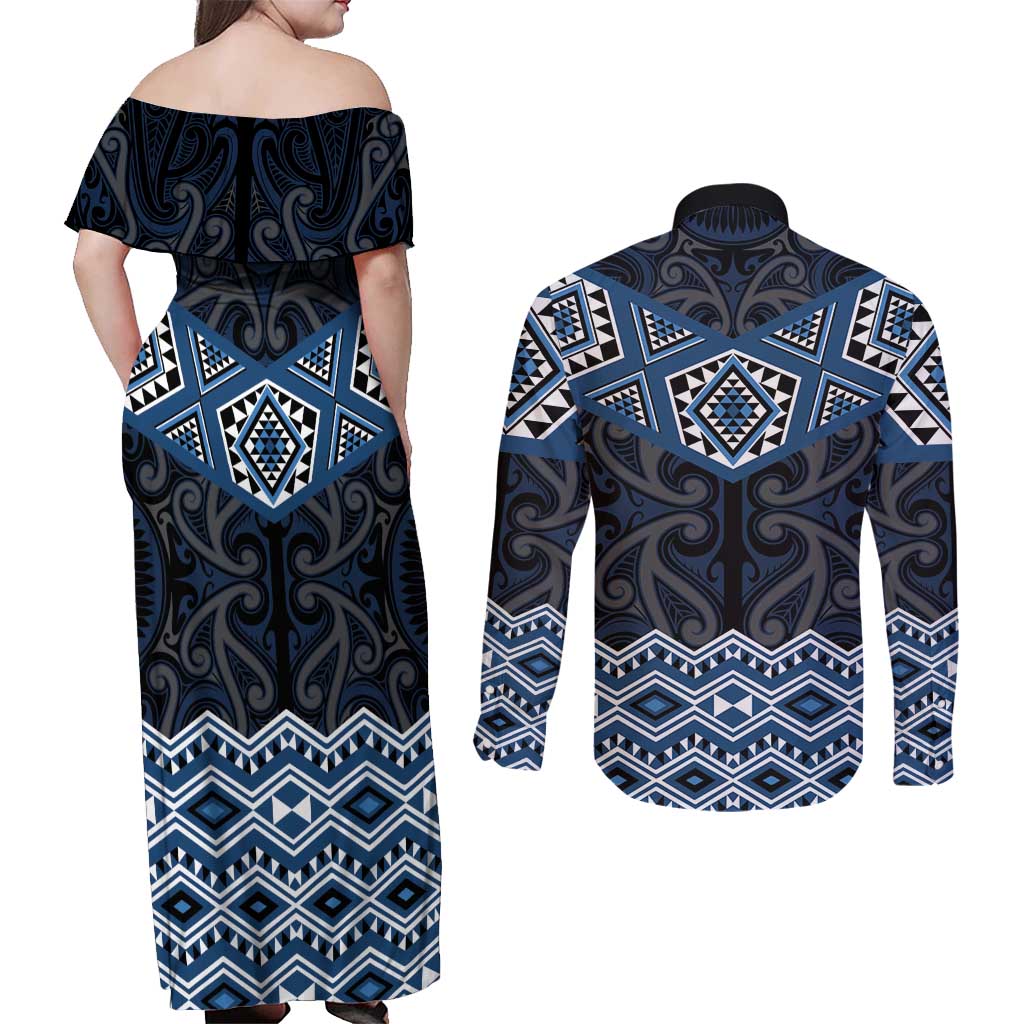 New Zealand Aotearoa Couples Matching Off Shoulder Maxi Dress and Long Sleeve Button Shirt Blue Taniko Art Maori Pattern LT05 - Polynesian Pride