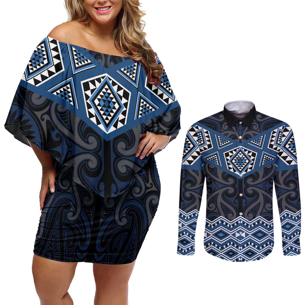New Zealand Aotearoa Couples Matching Off Shoulder Short Dress and Long Sleeve Button Shirt Blue Taniko Art Maori Pattern LT05 Blue - Polynesian Pride
