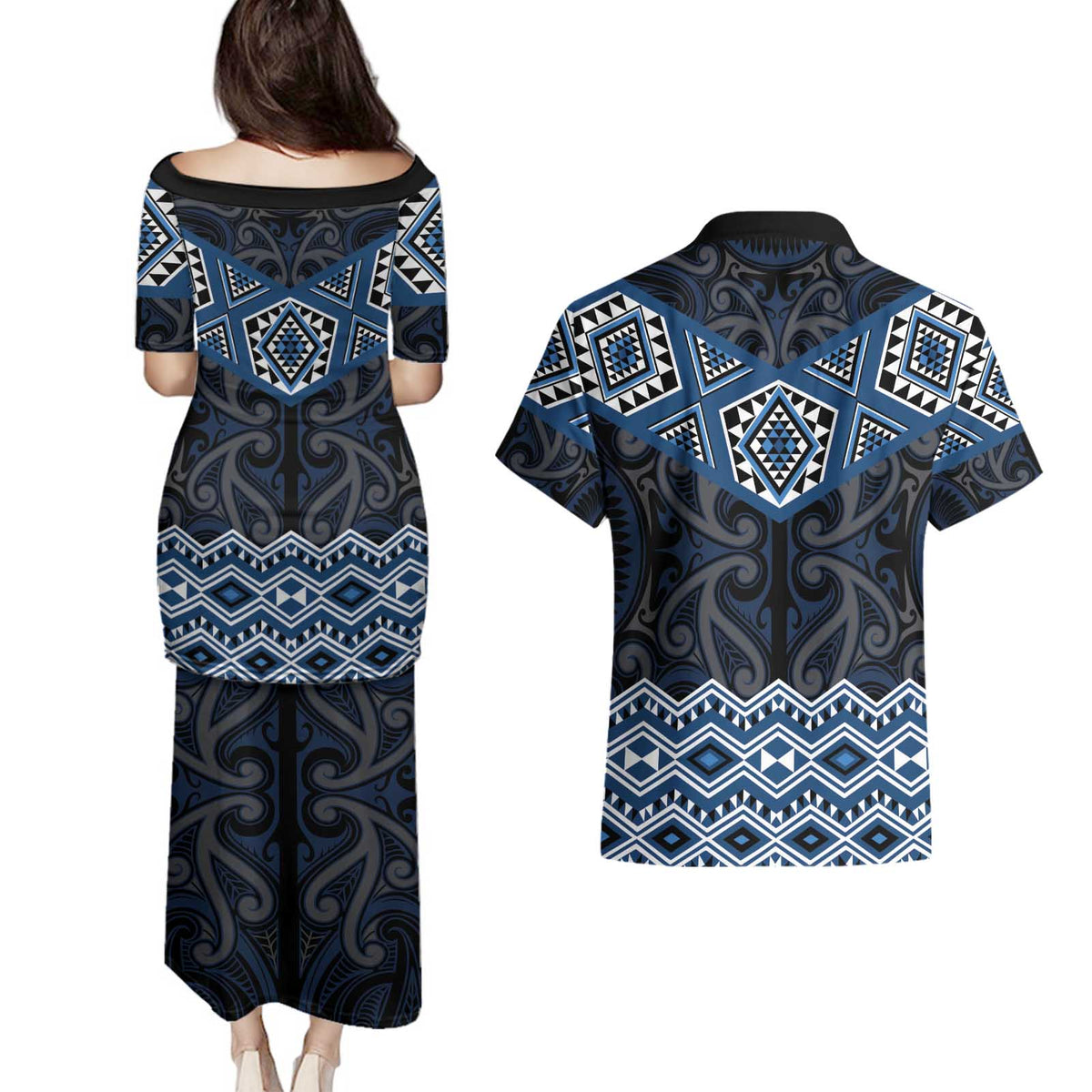 New Zealand Aotearoa Couples Matching Puletasi and Hawaiian Shirt Blue Taniko Art Maori Pattern LT05 - Polynesian Pride
