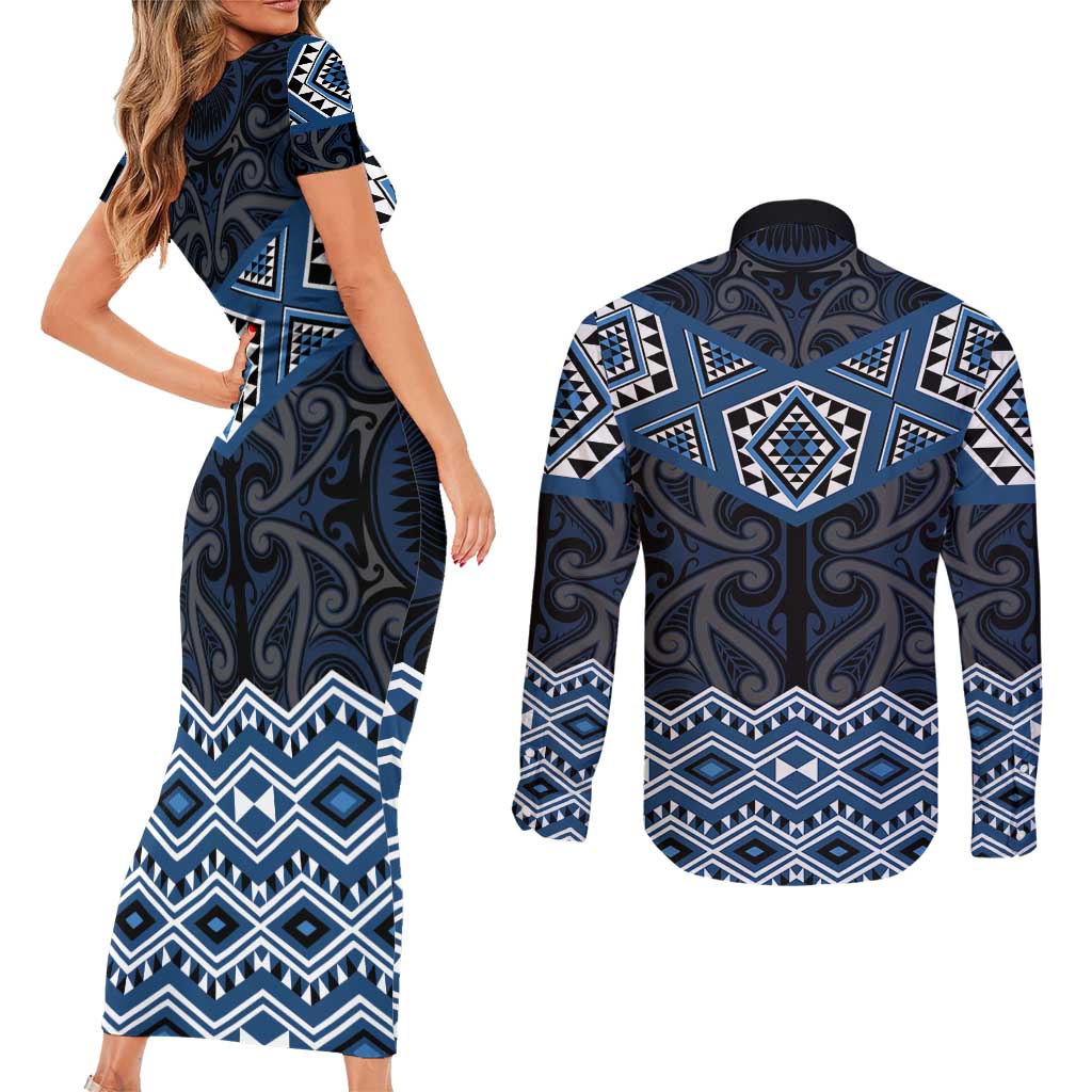 New Zealand Aotearoa Couples Matching Short Sleeve Bodycon Dress and Long Sleeve Button Shirt Blue Taniko Art Maori Pattern LT05 - Polynesian Pride