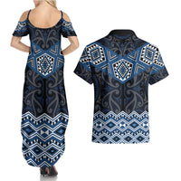 New Zealand Aotearoa Couples Matching Summer Maxi Dress and Hawaiian Shirt Blue Taniko Art Maori Pattern LT05 - Polynesian Pride