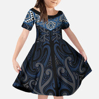 New Zealand Aotearoa Family Matching Long Sleeve Bodycon Dress and Hawaiian Shirt Blue Taniko Art Maori Pattern LT05 Daughter's Dress Blue - Polynesian Pride