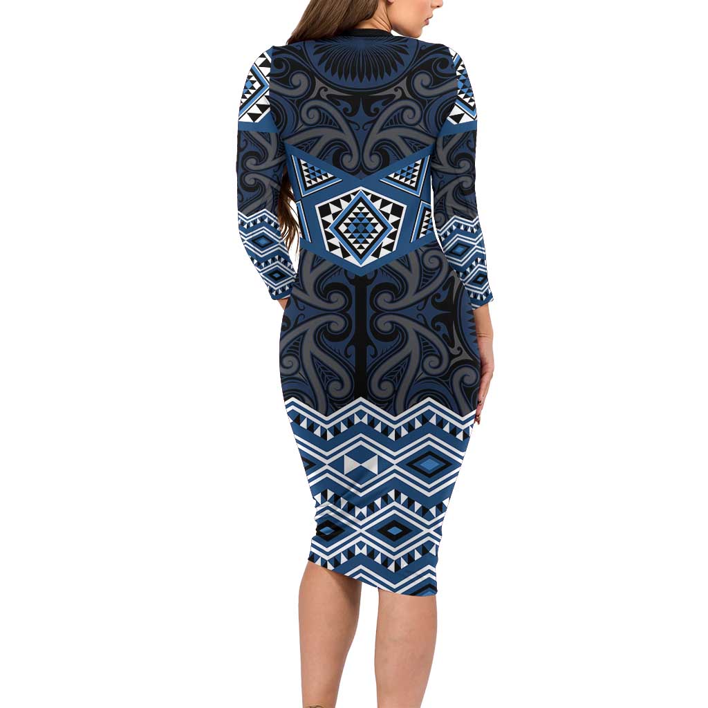 New Zealand Aotearoa Family Matching Long Sleeve Bodycon Dress and Hawaiian Shirt Blue Taniko Art Maori Pattern LT05 - Polynesian Pride