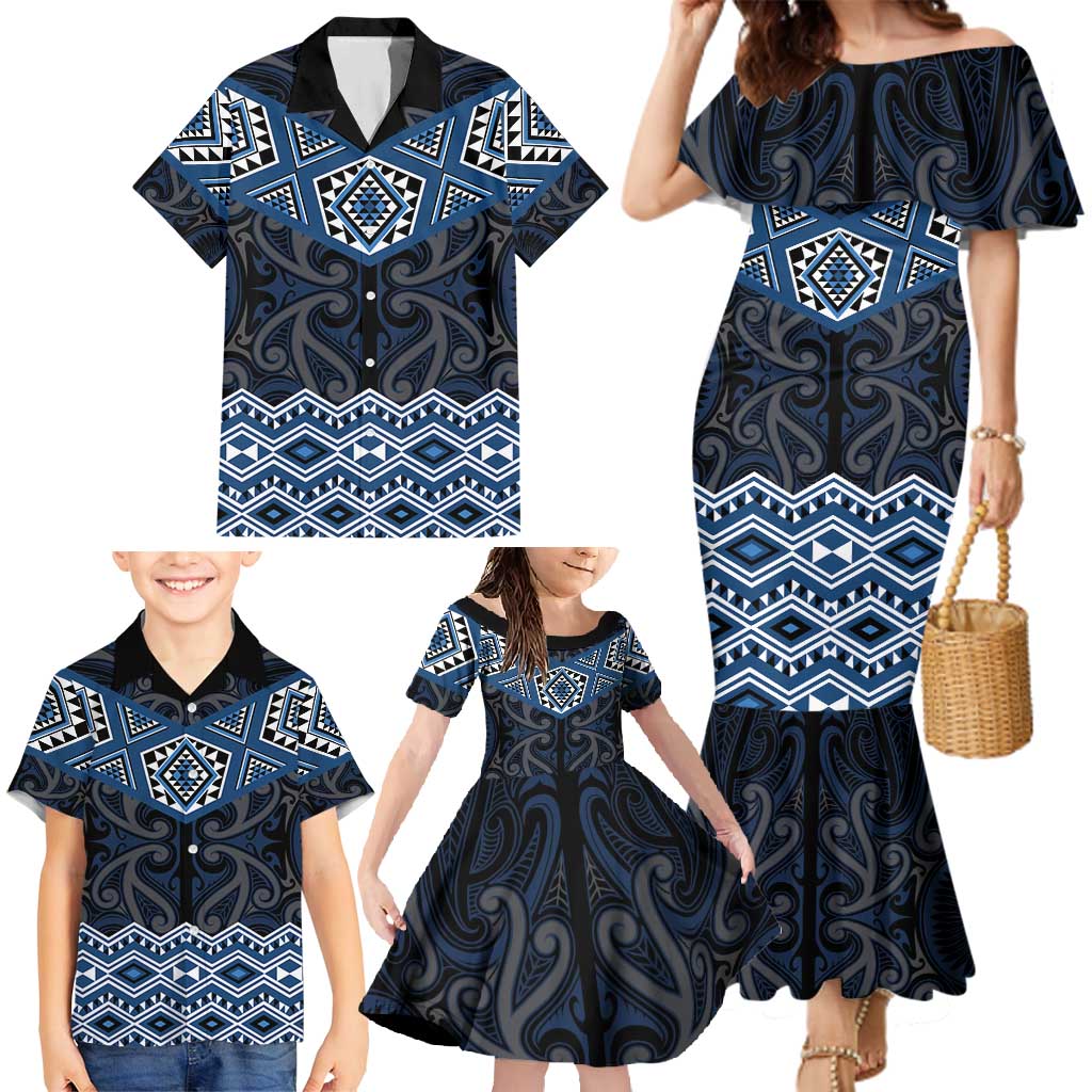 New Zealand Aotearoa Family Matching Mermaid Dress and Hawaiian Shirt Blue Taniko Art Maori Pattern LT05 - Polynesian Pride