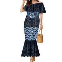 New Zealand Aotearoa Family Matching Mermaid Dress and Hawaiian Shirt Blue Taniko Art Maori Pattern LT05 Mom's Dress Blue - Polynesian Pride