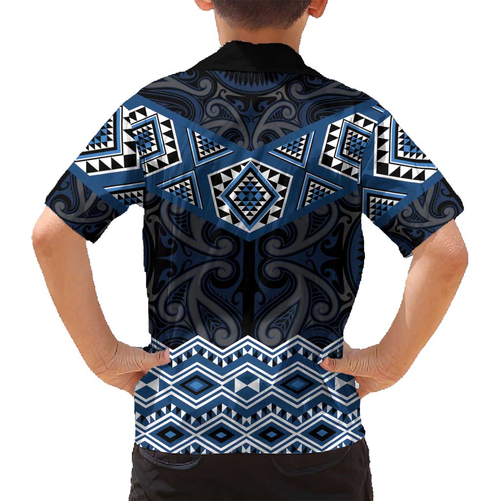 New Zealand Aotearoa Family Matching Off Shoulder Short Dress and Hawaiian Shirt Blue Taniko Art Maori Pattern LT05 - Polynesian Pride