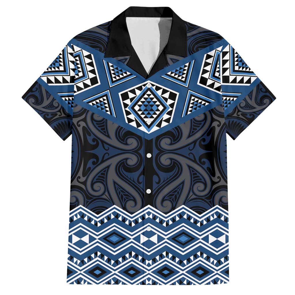 New Zealand Aotearoa Family Matching Off Shoulder Short Dress and Hawaiian Shirt Blue Taniko Art Maori Pattern LT05 Dad's Shirt - Short Sleeve Blue - Polynesian Pride