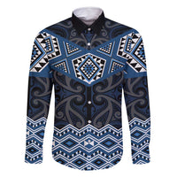 New Zealand Aotearoa Family Matching Off Shoulder Short Dress and Hawaiian Shirt Blue Taniko Art Maori Pattern LT05 Dad's Shirt - Long Sleeve Blue - Polynesian Pride