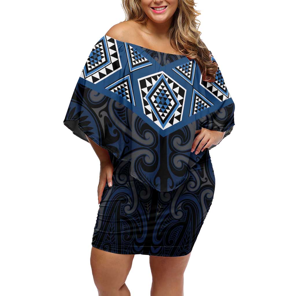 New Zealand Aotearoa Family Matching Off Shoulder Short Dress and Hawaiian Shirt Blue Taniko Art Maori Pattern LT05 Mom's Dress Blue - Polynesian Pride