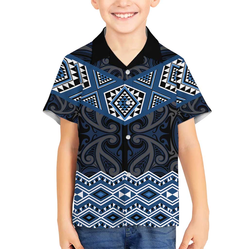 New Zealand Aotearoa Family Matching Off Shoulder Short Dress and Hawaiian Shirt Blue Taniko Art Maori Pattern LT05 Son's Shirt Blue - Polynesian Pride