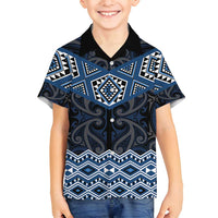 New Zealand Aotearoa Family Matching Off Shoulder Short Dress and Hawaiian Shirt Blue Taniko Art Maori Pattern LT05 Son's Shirt Blue - Polynesian Pride