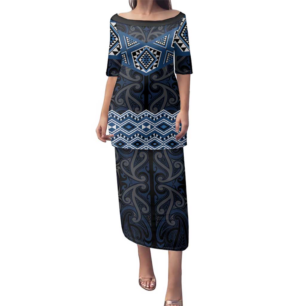 New Zealand Aotearoa Family Matching Puletasi and Hawaiian Shirt Blue Taniko Art Maori Pattern