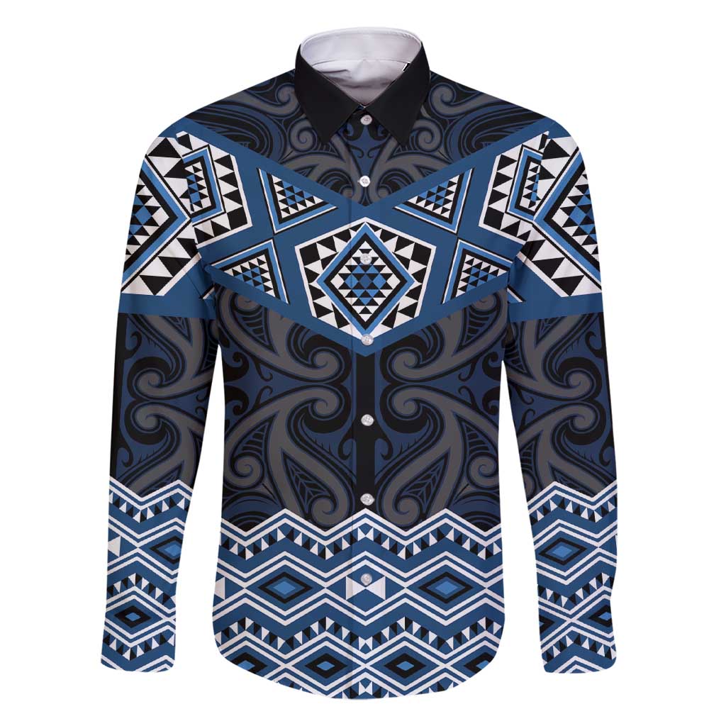 New Zealand Aotearoa Family Matching Short Sleeve Bodycon Dress and Hawaiian Shirt Blue Taniko Art Maori Pattern LT05 Dad's Shirt - Long Sleeve Blue - Polynesian Pride