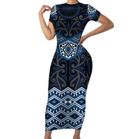 New Zealand Aotearoa Family Matching Short Sleeve Bodycon Dress and Hawaiian Shirt Blue Taniko Art Maori Pattern LT05 Mom's Dress Blue - Polynesian Pride