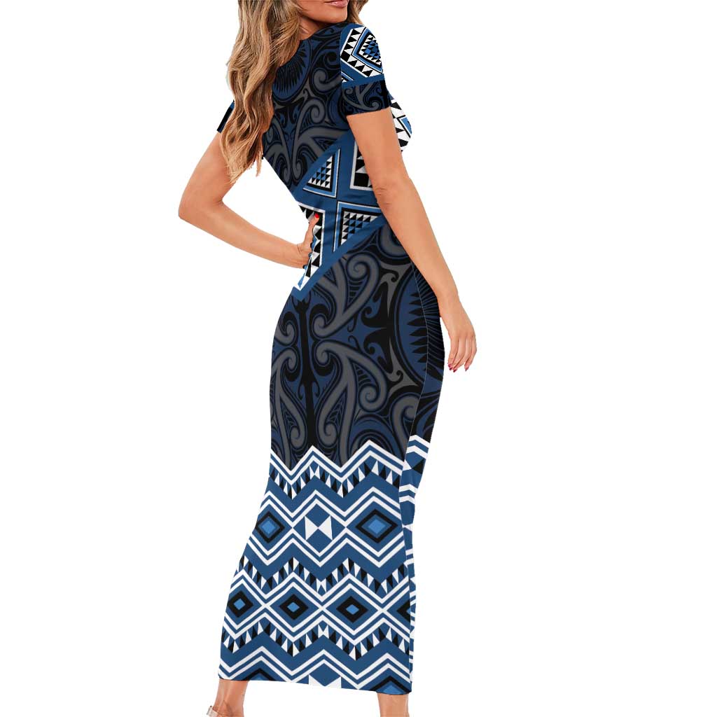 New Zealand Aotearoa Family Matching Short Sleeve Bodycon Dress and Hawaiian Shirt Blue Taniko Art Maori Pattern LT05 - Polynesian Pride
